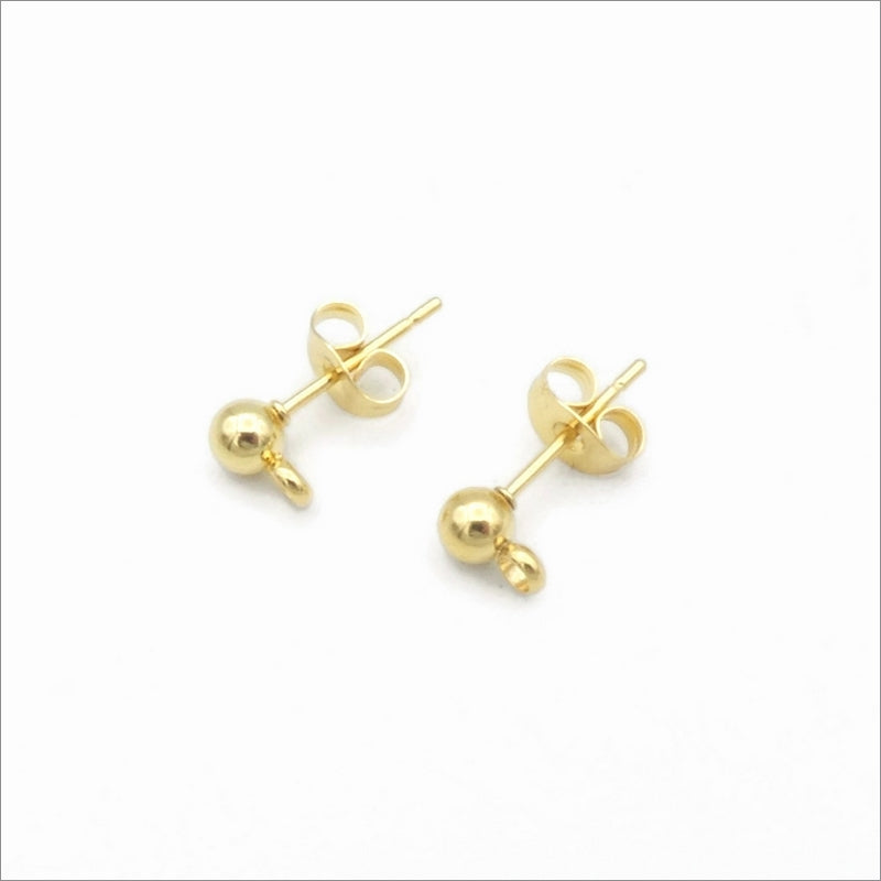 Gold Tone Stainless Steel 4mm Ball Stud Earrings with Loop