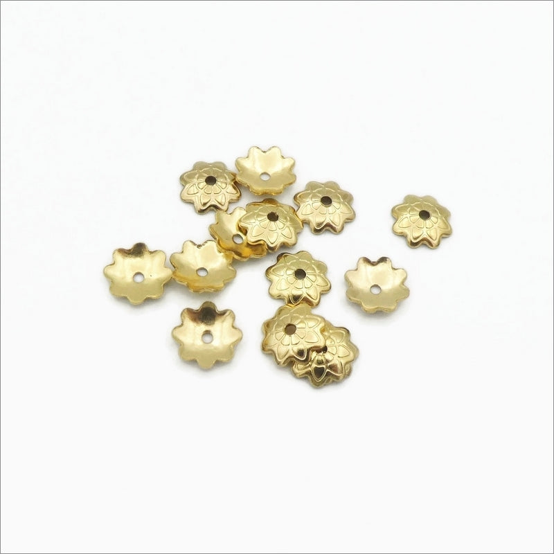 25 Etched Flower Gold Tone Stainless Steel 7mm Bead Caps