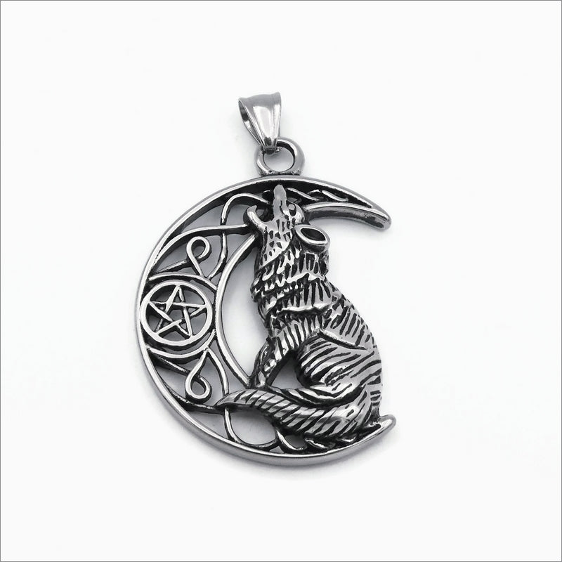 1 Large Stainless Steel Howling Wolf & Moon Pendant