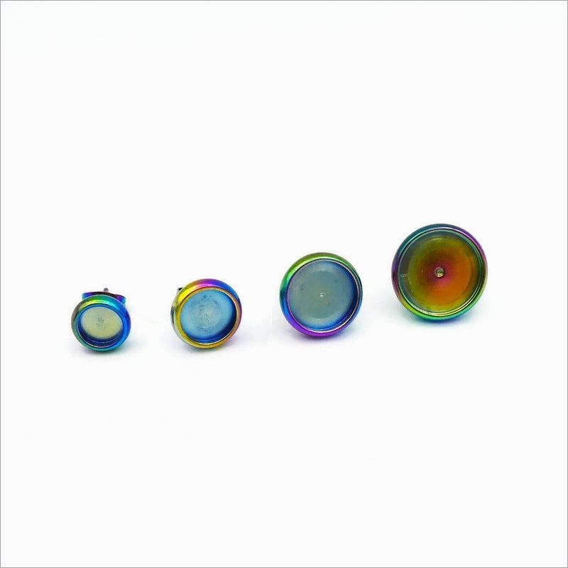 2 Pairs Stainless Steel Rainbow Anodized Round Cabochon Stud Earring Settings