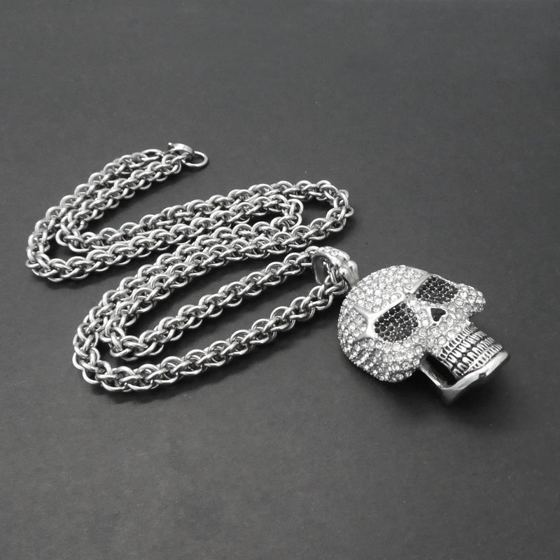 Stainless Steel Rhinestone Skull Necklace with Handcrafted Rope Chain