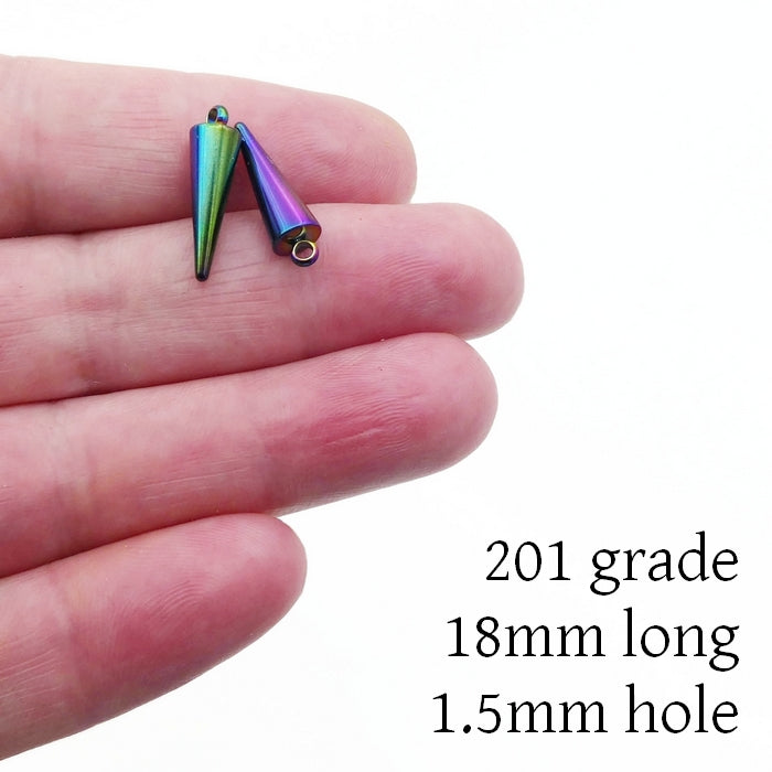 10 Rainbow Anodized Stainless Steel 18mm Cone Spike Charms