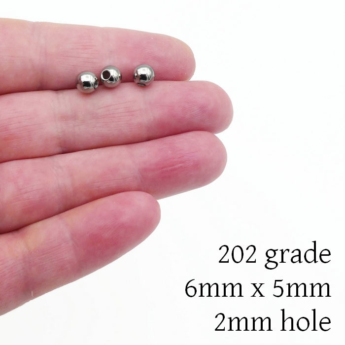 50 Stainless Steel 6mm x 5mm Round Beads