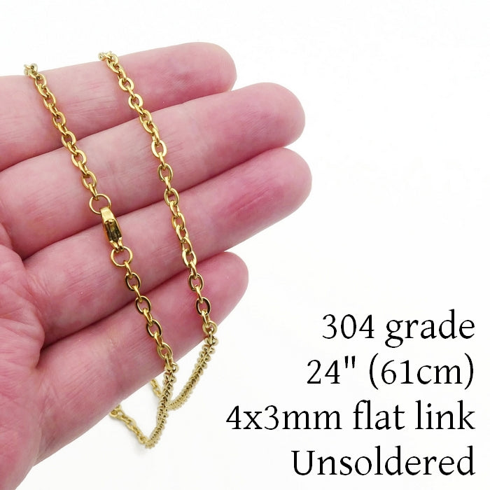 2 Gold Tone Stainless Steel 24" Flat Cable Chain Necklaces