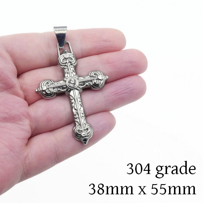 1 Large Ornate Stainless Steel Cross Pendant with Rhinestone