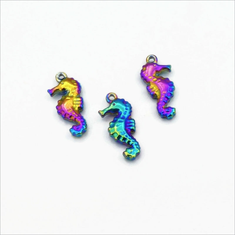 5 Rainbow Anodized Stainless Steel Seahorse Charms