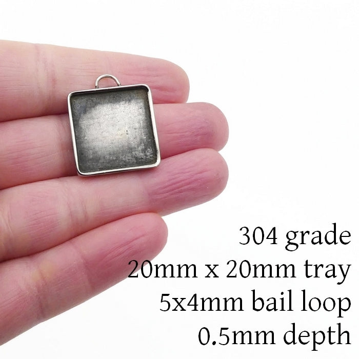 2 x Premium Solid Stainless Steel 20mm Square Cabochon Bezel Pendant Settings