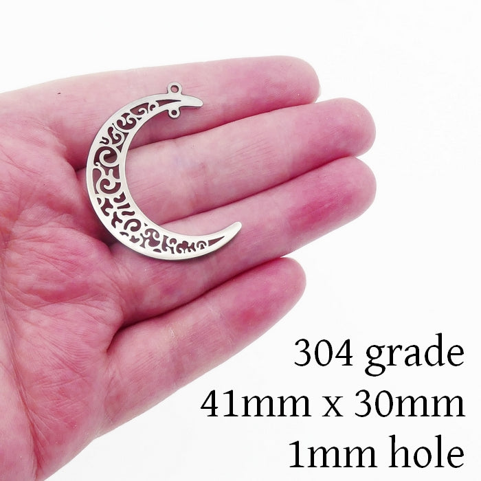 2 Stainless Steel Ornate Crescent Moon Pendants
