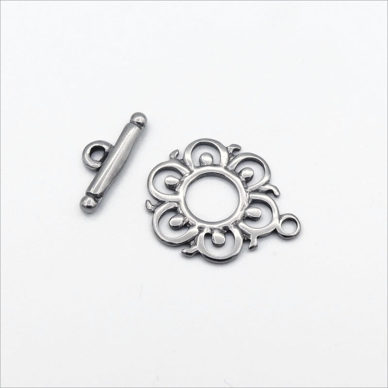 2 Stainless Steel Hollow Flower Toggle Clasp Sets