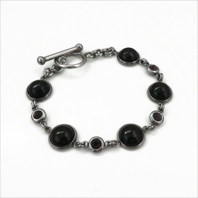 Stainless Steel & Black Agate Bracelet with Dark Purple Rhinestones