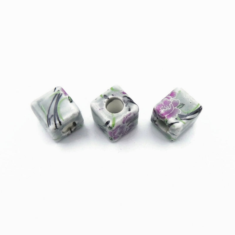 10 Glazed Porcelain Green & Pink Floral 10mm Cube Beads