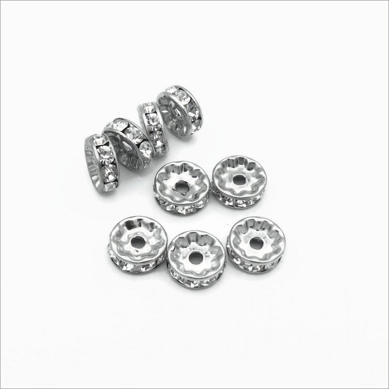 10 Stainless Steel 10mm Rondelle Spacer Beads with Clear Rhinestones