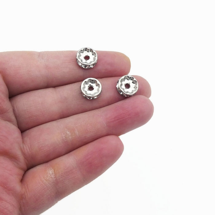 10 Stainless Steel 10mm Rondelle Spacer Beads with Clear Rhinestones