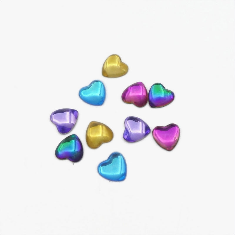 10 Mixed Colour 10mm Glass Heart Flatback Cabochons
