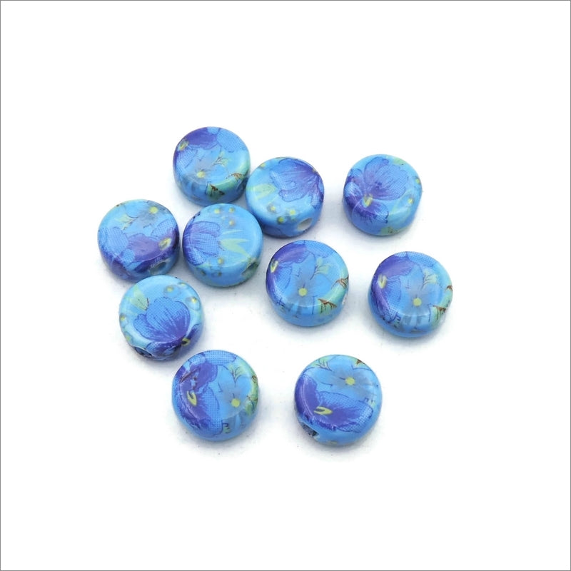 10 Glazed Porcelain Blue Floral 11mm Coin Beads