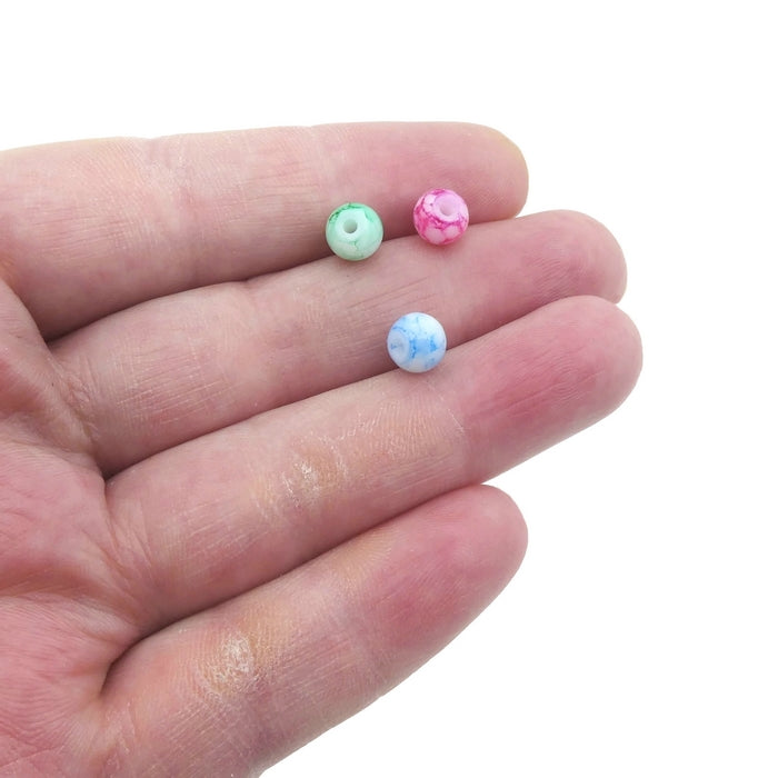 100 Mixed Colour 6mm Round Marble Finish Glass Beads