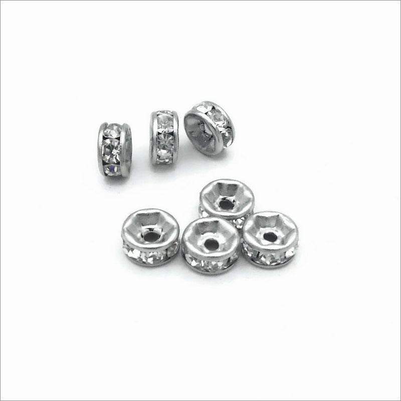 20 Stainless Steel 6mm Rondelle Spacer Beads with Clear Rhinestones