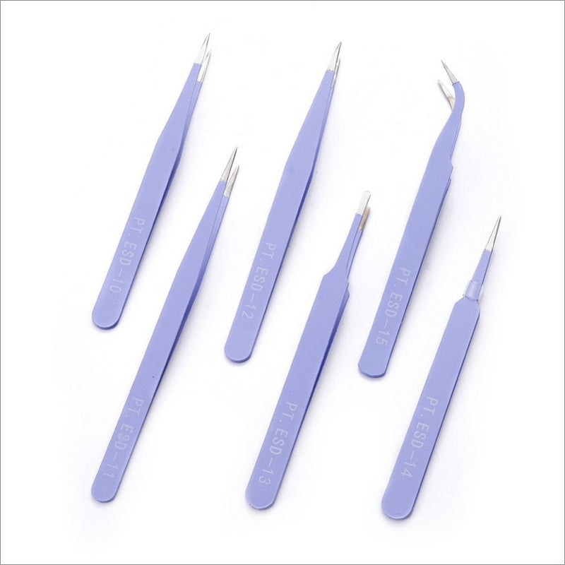 Set of 6 Stainless Steel Anti-Static Fine Point Tweezers