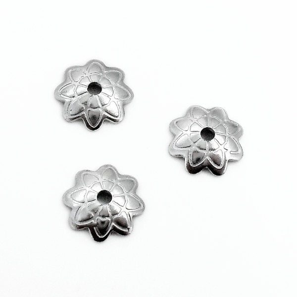 100 Etched Flower Stainless Steel 7mm Bead Caps