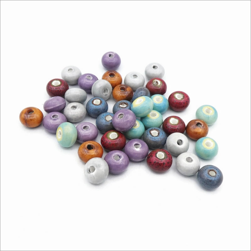20 Glazed Porcelain 8mm x 5mm Mixed Colour Rondelle Beads