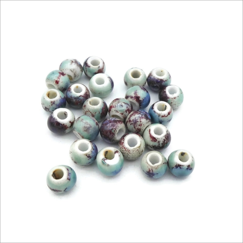 25 Glazed Porcelain 8mm Round Mottled Colour Beads