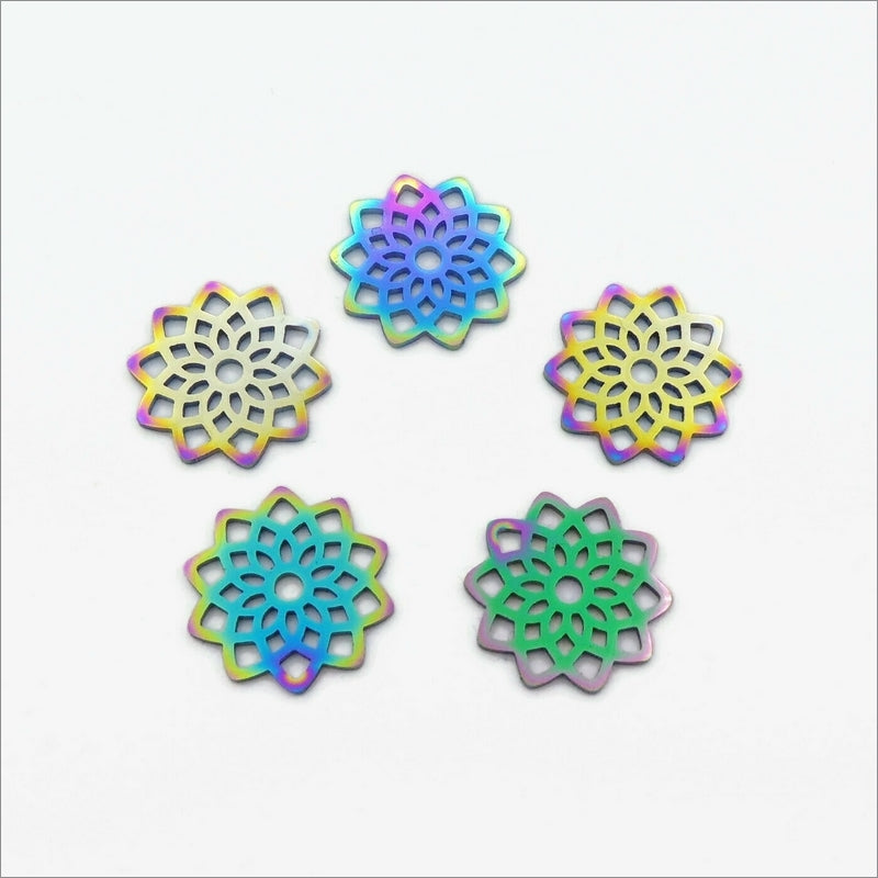 5 Rainbow Anodized Stainless Steel Lotus Charm Connectors