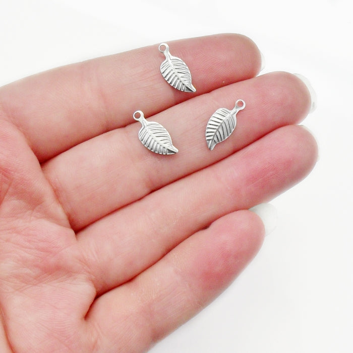 100 Small Stainless Steel Thin Embossed Leaf Charms