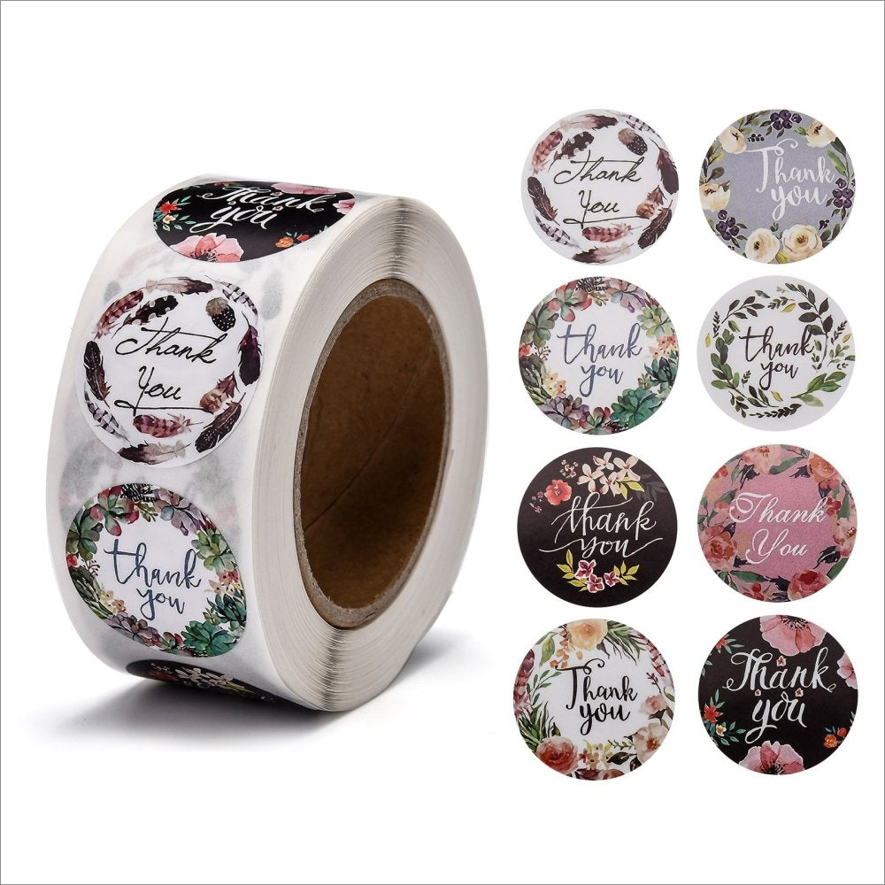 1 Roll 25mm Round Paper Thank You Stickers - Floral Patterns