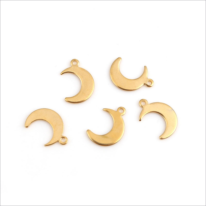 10 Gold Tone Stainless Steel Crescent Moon Tag Charms