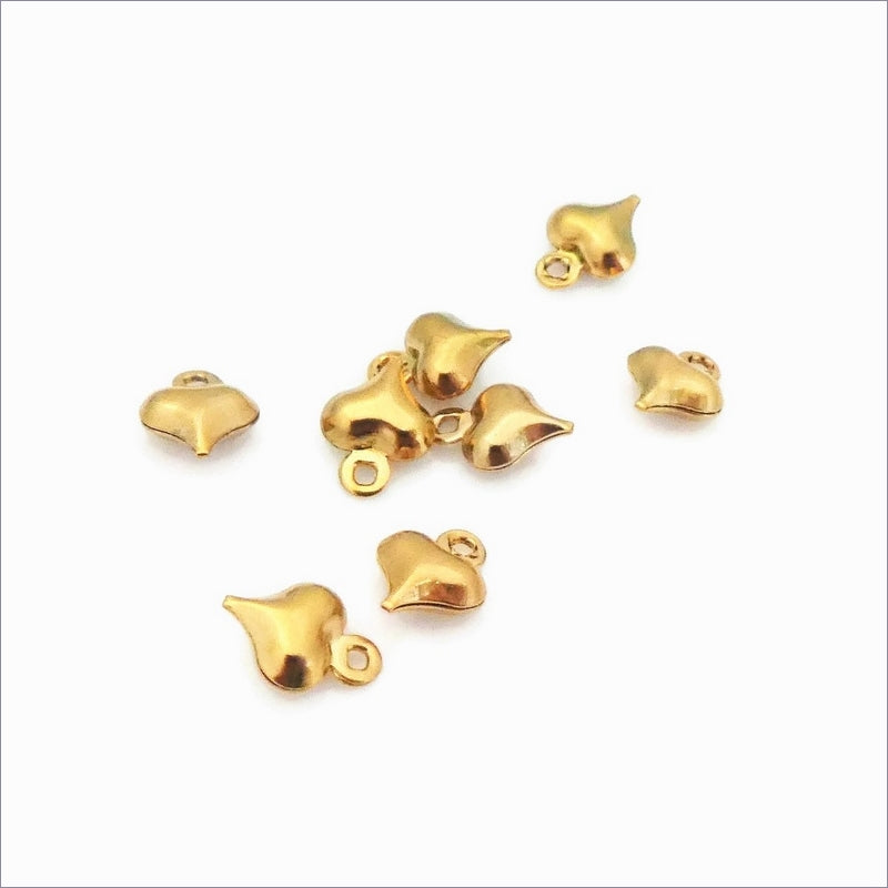 10 Gold Tone Stainless Steel Small Puffy Heart Charms