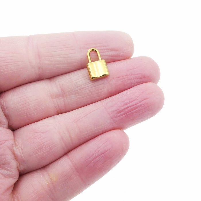 10 Small Gold Tone Solid Stainless Steel Padlock Charms