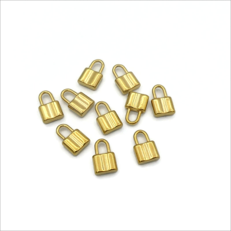 10 Small Gold Tone Solid Stainless Steel Padlock Charms