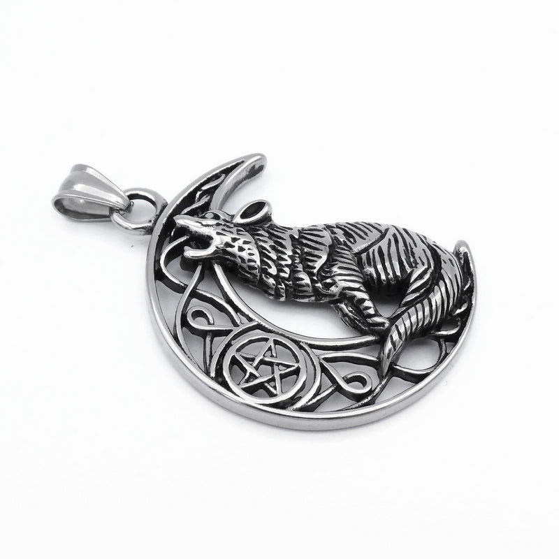 1 Large Stainless Steel Howling Wolf & Moon Pendant