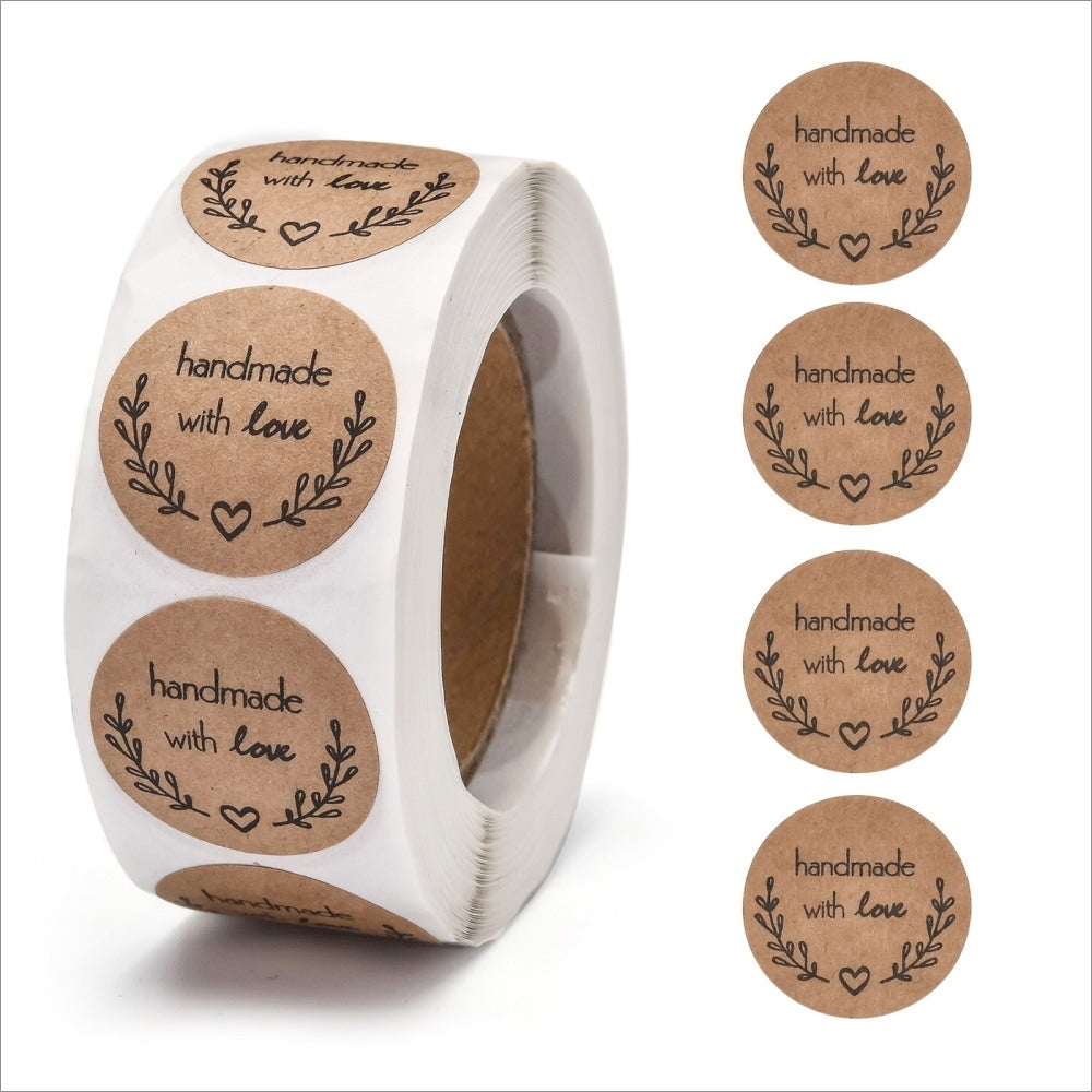 1 Roll 25mm Round Paper Handmade With Love Stickers - Leaf Sprig Design