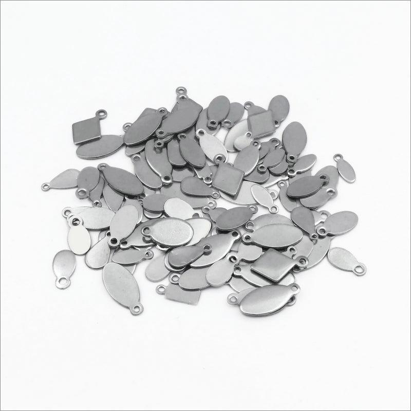 100 Random Mixed Small Stainless Steel Blank Charm Tags