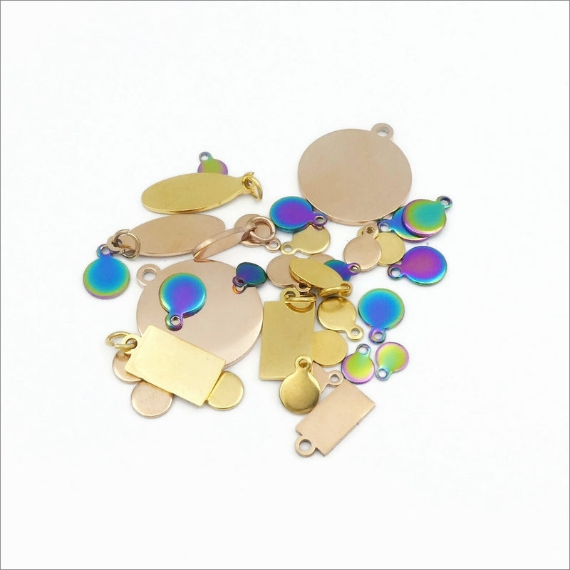 30 Random Mixed Plated Stainless Steel Blank Charm Tags