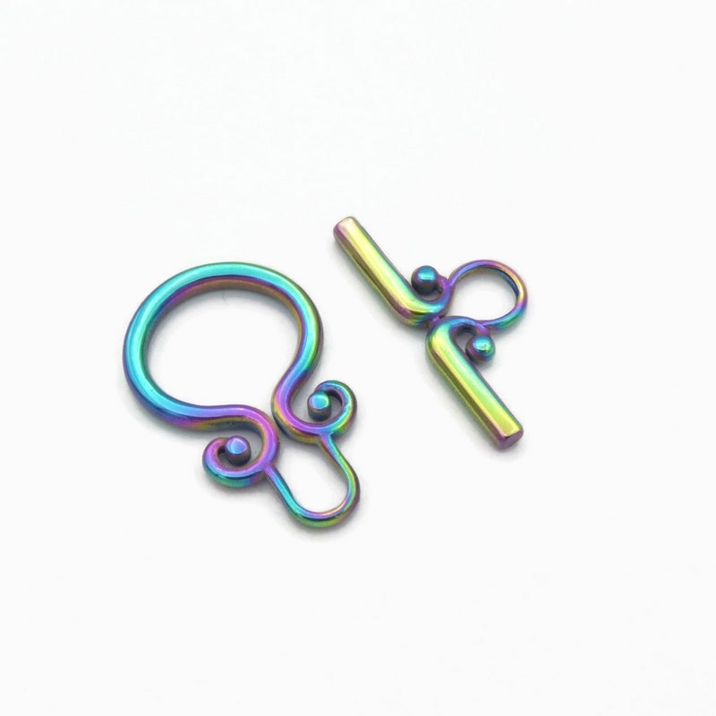 2 Rainbow Anodized Stainless Steel Curled Scroll Toggle Clasps