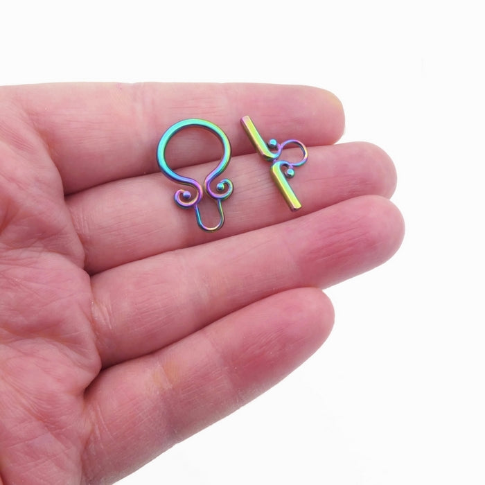 2 Rainbow Anodized Stainless Steel Curled Scroll Toggle Clasps