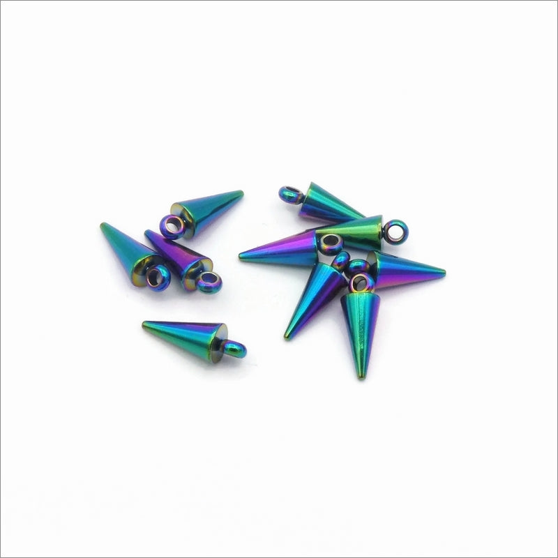 10 Rainbow Anodised Stainless Steel 13mm Cone Spike Charms