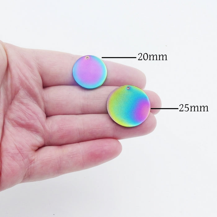 5 Rainbow Anodized Stainless Steel Round Blank Pendant Tags