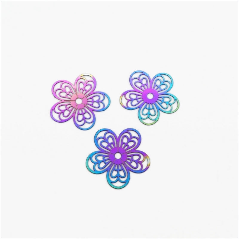 10 Rainbow Anodized Stainless Steel 5-Petal Flower Filigree Stampings