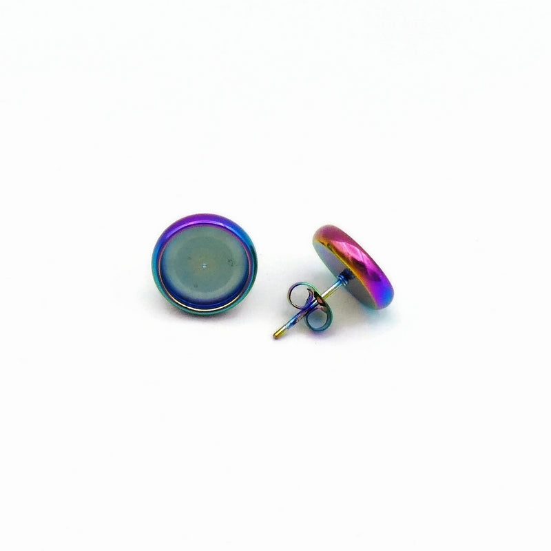 2 Pairs Stainless Steel Rainbow Anodized Round Cabochon Stud Earring Settings