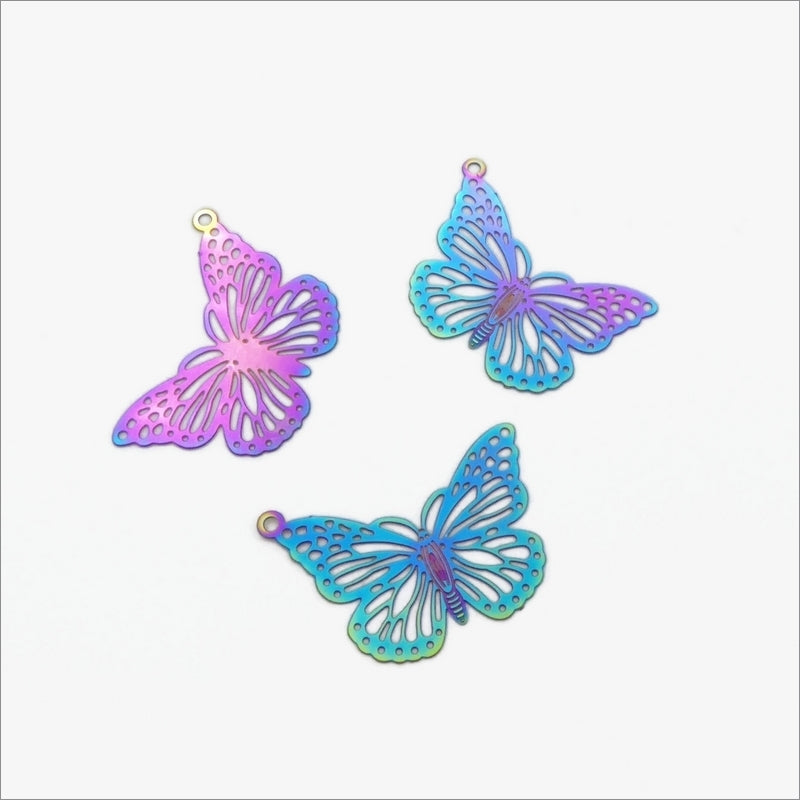 10 Rainbow Anodized Stainless Etched Butterfly Pendant Stampings