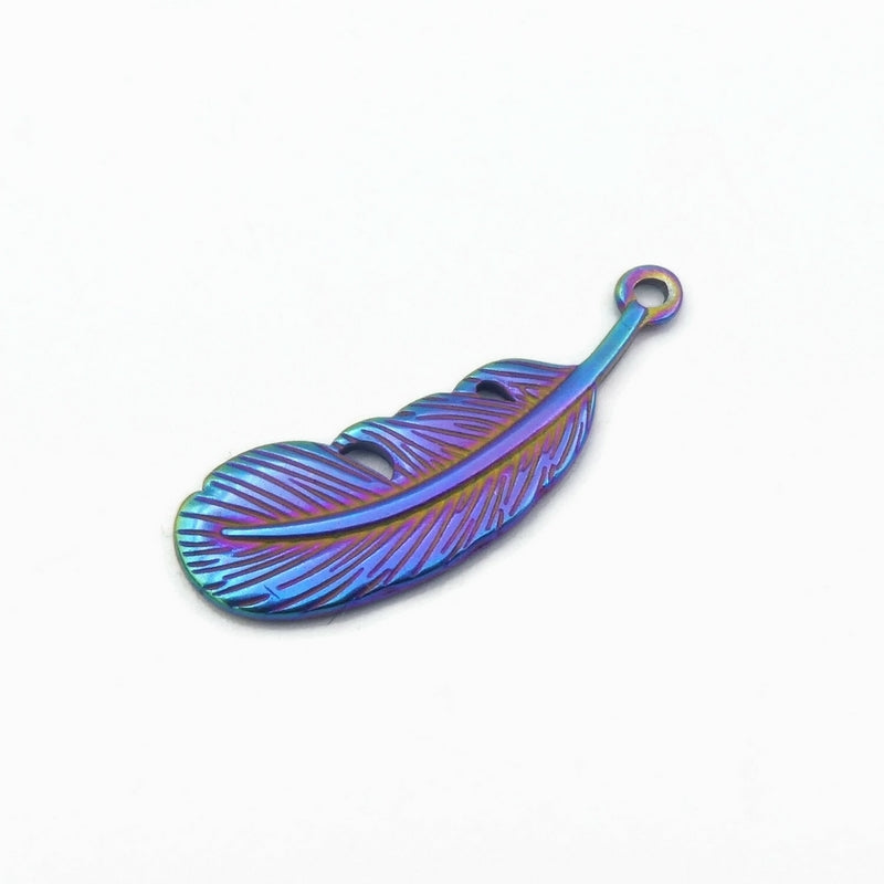 4 Rainbow Anodized Stainless Steel Feather Pendants