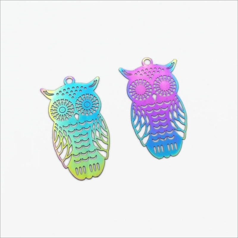 10 Rainbow Anodized Stainless Steel Owl Filigree Pendant Stampings