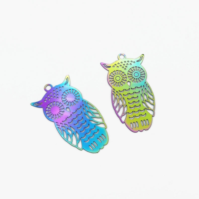 10 Rainbow Anodized Stainless Steel Owl Filigree Pendant Stampings