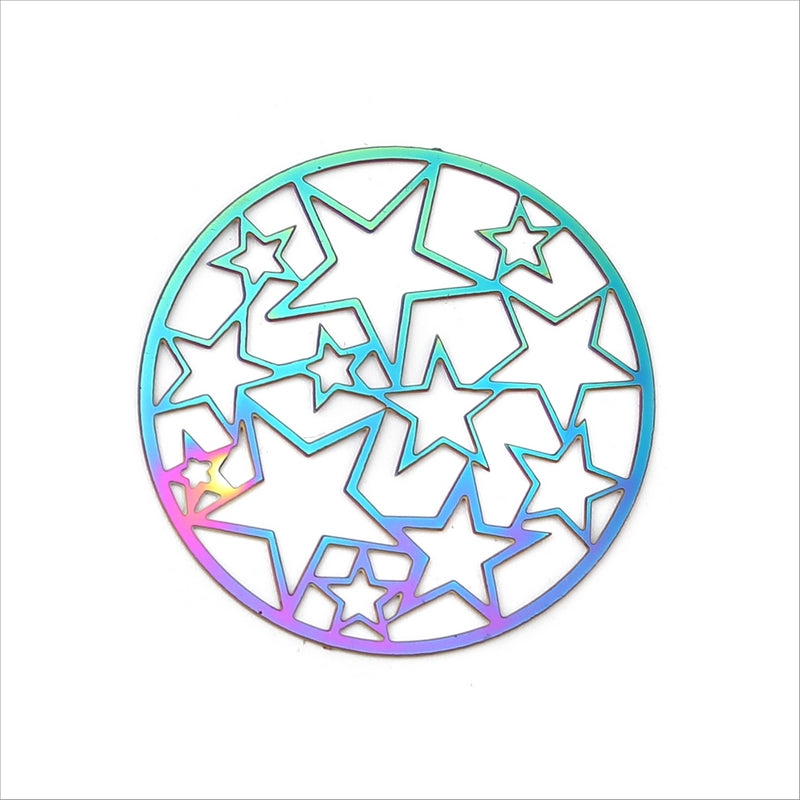 10 Rainbow Anodized Stainless Steel Round Star Pattern Stampings