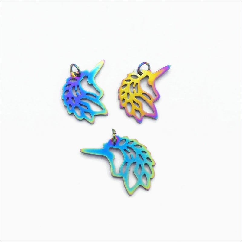 5 Rainbow Anodized Stainless Steel Unicorn Charm Pendants