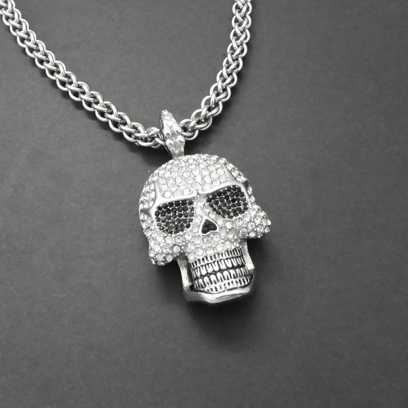 Stainless Steel Rhinestone Skull Necklace with Handcrafted Rope Chain
