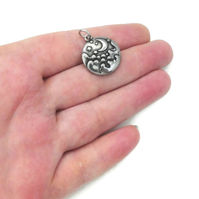 1 Stainless Steel Moon & Star In Cloudy Sky Medallion Charm